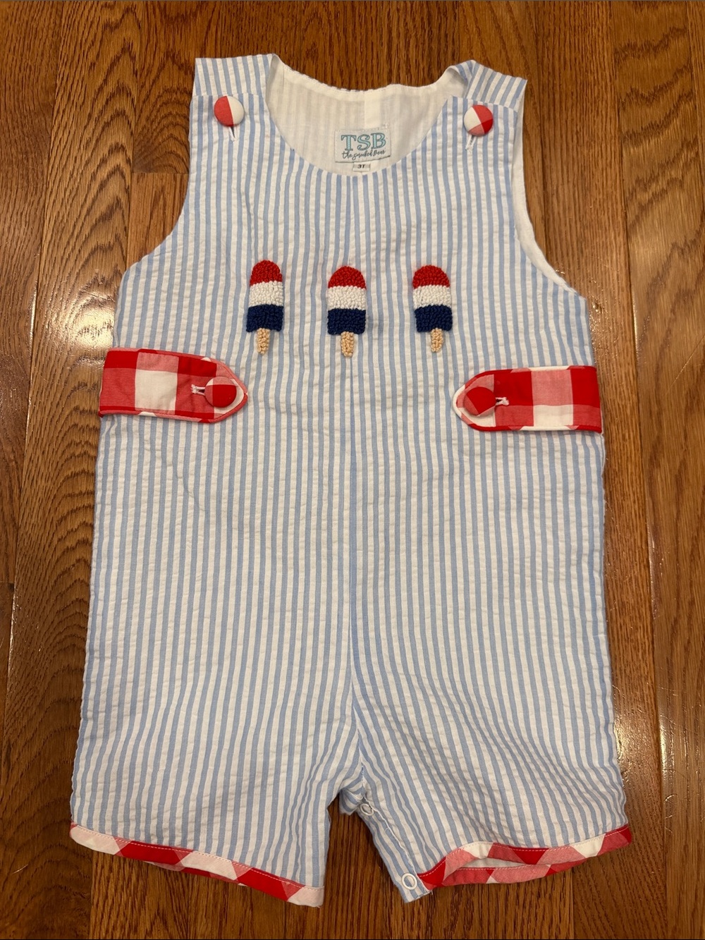 The Smocked Bear Blue & White Seersucker Popsicle Shortall